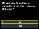 USB connection screen: Connect a computer to the printer using a USB cable